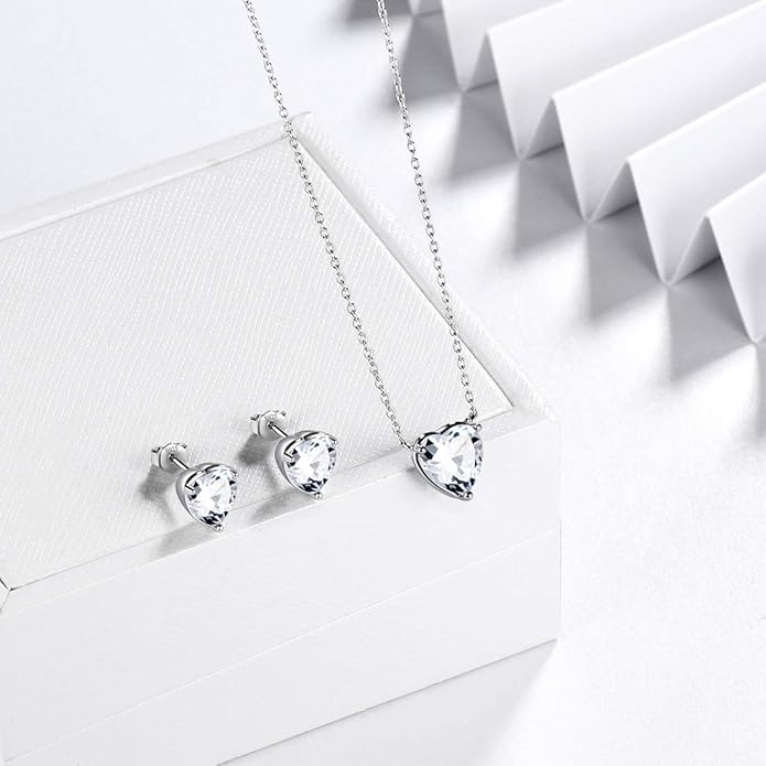 Aurora Tears Hearts Necklace Earrings Jewelry Sets - Women 925 Sterling Silver Birthstone Pendants Earrings Set Crystal Wedding Birthday Jewelry