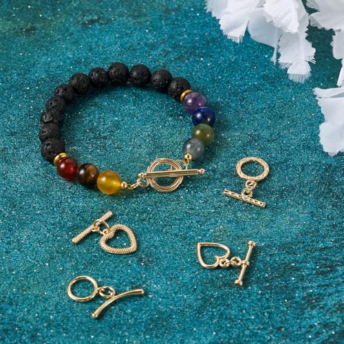 32 Pcs Gold Toggle Clasps Brass OT Toggle Jewelry Clasps Heart & Flower & Round Ring T-Bar Closure Clasp Fastener IQ End Connectors for DIY Necklace Bracelet Jewelry Making - color: Golden-Mix Styles
