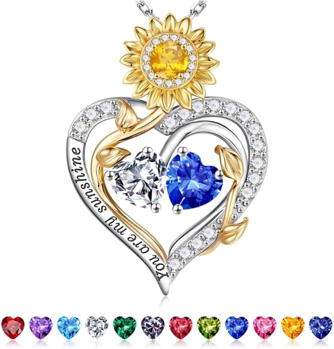 Iefil Valentines Day Gifts for Her - 925 Sterling Silver Sunflower Double Birthstone Necklace for Women, Anniversary Birthday Gifts for Wife, You Are My Sunshine Necklaces, Jewelry for Wife Mom