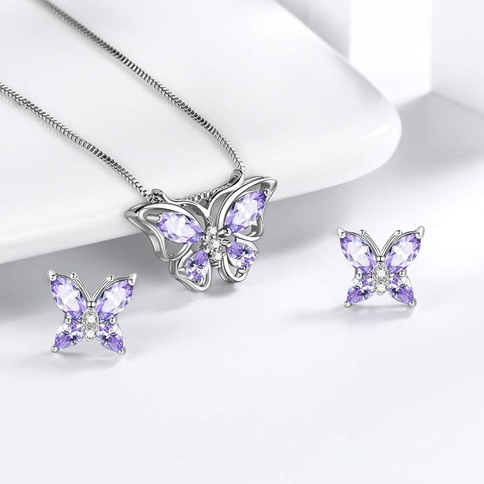 Aurora Tears Butterfly Jewelry,Women 925 Sterling Silver Butterflies Birthstone Pendant Necklace/Earrings/Rings Wedding Gift