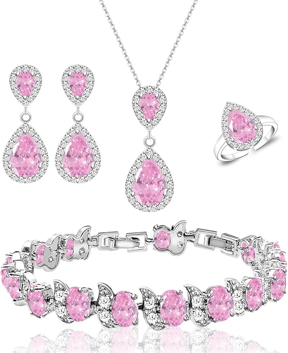 LMXXVJ Teardrop Jewelry Set for Women，Necklace Earrings Adjustable Ring Bracelet Set Fashion Formal Platinum/Gold/Rose Gold Jewelry Gift Girl/Mom/Wife/Grandmother/Best Friend/Aunt