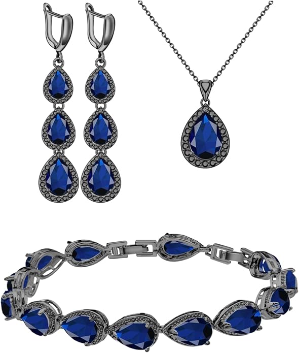 LMXXVJ Necklace Long Earrings Bracelet Set, White Gold Plated Created Blue Sapphire Jewelry Set Wedding Party Gift Jewelry for Women Bridal Bridesmaid