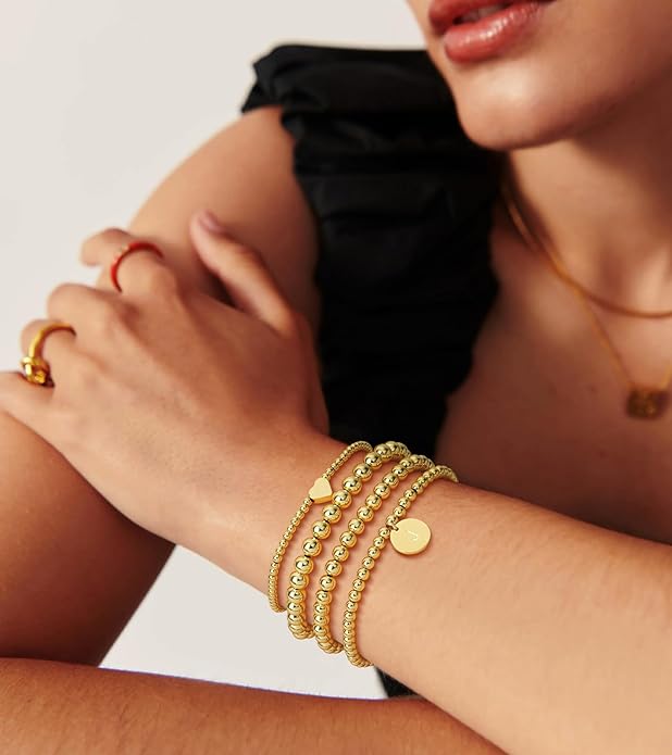 Howoo Gold Bracelets for Women Beaded Initial Bracelet Stack Dainty Heart Stretch Gold Charm Bracelet Jewelry for Women Trendy