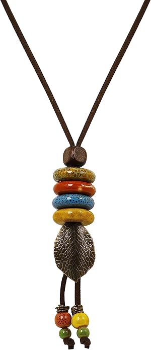MINACHI Vintage Bohemian Leaf Charm Colorful Ceramic Bead Long Y Necklace, Boho Jewelry Gift for Women