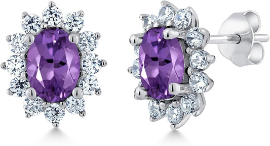 Gem Stone King 7X5MM Oval Gemstone Birthstone Stud Earrings For Women | Princess Diana Royal Halo Style | 925 Sterling Silver | Fine Jewelry Gifts for Anniversary Wedding Her Mom Women Wife