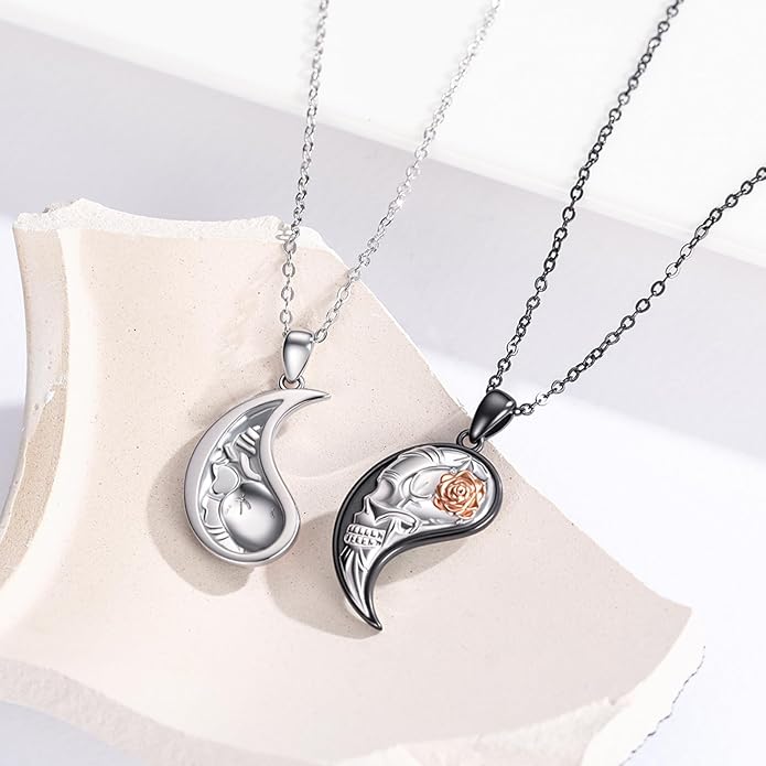 MEDWISE Yin Yang Skull Necklaces 925 Sterling Silver Yin Yang Matching Couples Pendant Friendship Couples BFF Pendant Necklace Jewelry for Her Him with Gifts Box Valentines Gifts