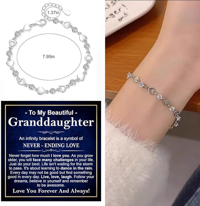 To My Granddaughter Bracelet from Grandma and Grandpa, Heart Chain Bracelet with Shiny Stones, Perfect Birthday or Graduation Christmas Gift for Granddaughter with Message Card and Gift Box