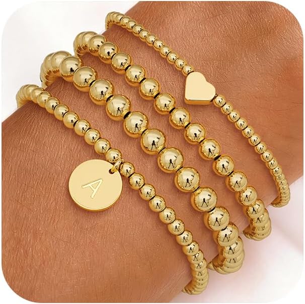 Howoo Gold Bracelets for Women Beaded Initial Bracelet Stack Dainty Heart Stretch Gold Charm Bracelet Jewelry for Women Trendy