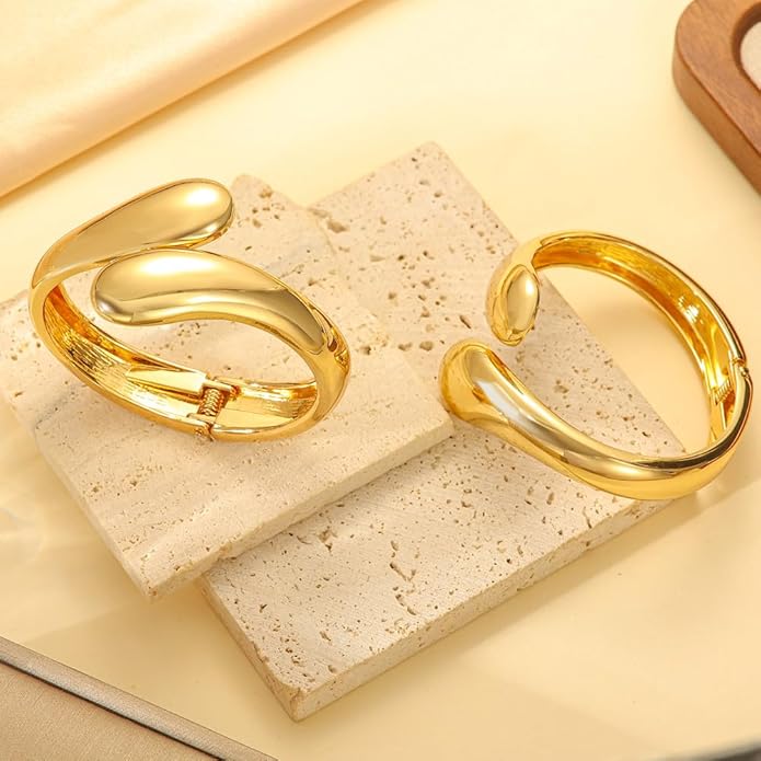 Gold Bangle Bracelets for Women Trendy Minimalist Chunky Cuff Statement Bracelet Stack 18K Gold Plated Thick Arm Cuffs Bangles Fashion Cute Jewelry