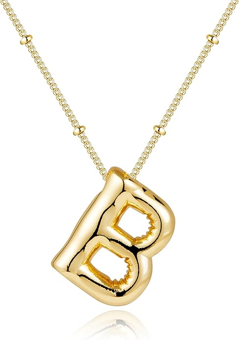 Inerney Valentines Day Gifts Gold Bubble Letter Necklace Initial Necklaces for Women, Chunky 14K Plated Balloon Initials, Trendy Charm Non Tarnish Custom Name Pendant Jewelry Gifts for Mom