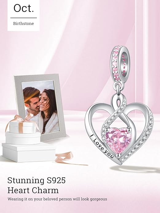 Heart Birthstone Charms for Bracelets, 925 Sterling Silver Women Bead Charms for Charm Bracelets Necklace, Mother's Day Birthday Anniversary Jewelry Gifts for Wife Mom Grandma Daughter