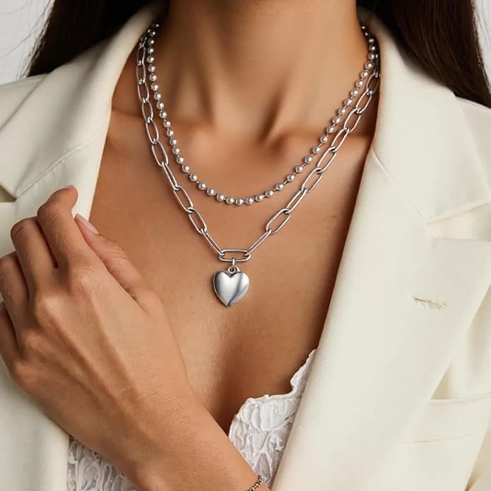 Heart Necklace for Women, 18K Gold Plated Heart Pendant Layered Necklaces Jewelry Gifts Gold Silver