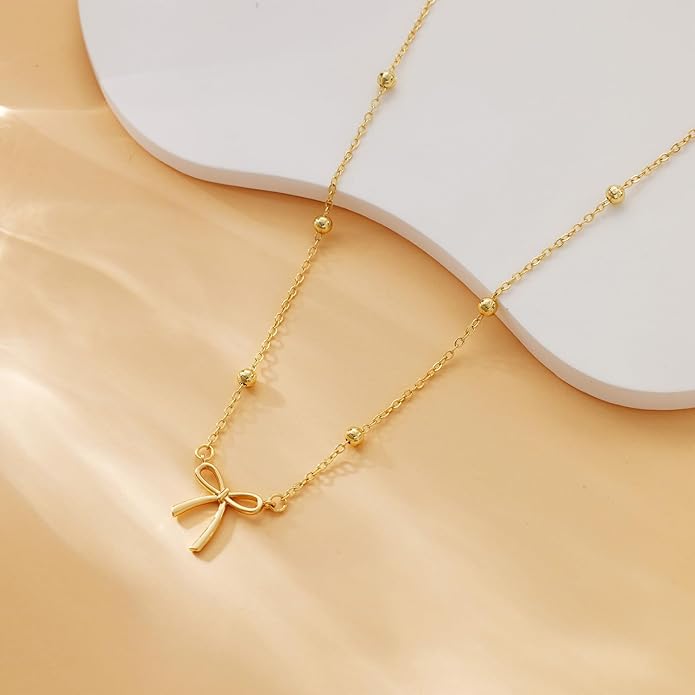 Valentines Day Gifts for Her - Dainty Bow Necklace for Women 14K Gold Plated Cute Choker Small Pendant Charm Necklaces Teen Gift Trendy Stuff Personalized Jewelry