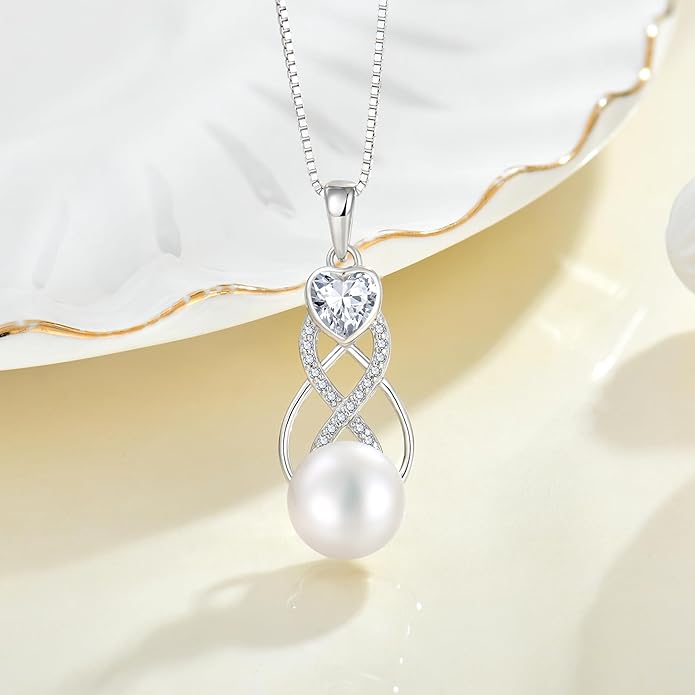 Pearl Earrings Necklace Jewelry Set for Women 925 Sterling Silver Heart Simulated Diamond Freshwater Pearl Jewelry Gift for Her