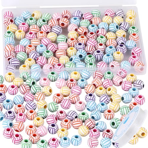 100pcs Volleyball Beads with 5.5 Yard Elastic Rope,Acrylic Sports Beads DIY Spacer for Necklace Bracelet Keychains Handmade Jewelry Making Accessories Craft Supplies,12mm(Rainbow Volleyball) - color: Rainbow Volleyball