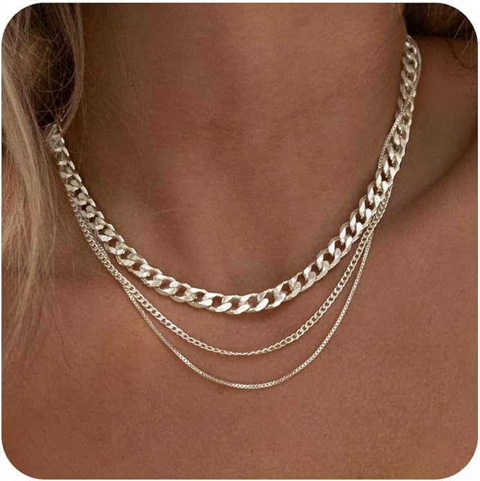 3PCS Gold Necklaces for Women,Chunky Statement Gold Plated Necklace Stack Layered Sterling Silver Herringbone Chains for Women Dainty Trendy Silver Chains Stacked Jewelry Gifts
