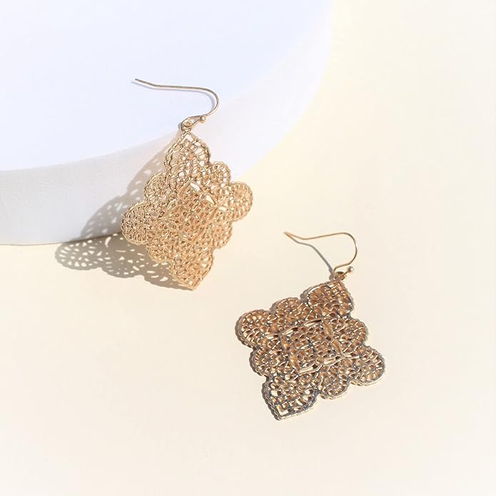 POMINA Floral Celtic Filigree Gold Dangle Drop Earring Boho Fashion Geometirc Filigree Earrings for Women