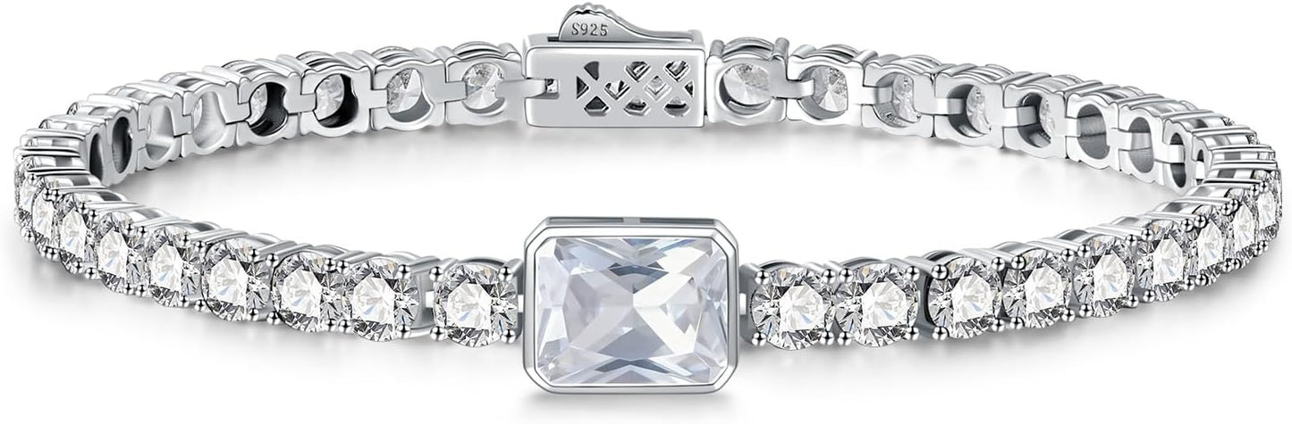 Birthstone Bracelets for Women Birthday Gifts 4CT Radiant Cut Birthstone 4mm Sterling Silver White Gold Tennis Bracelets for Women Round Cut 5A Cubic Zirconia Bezel Setting 7 Inch