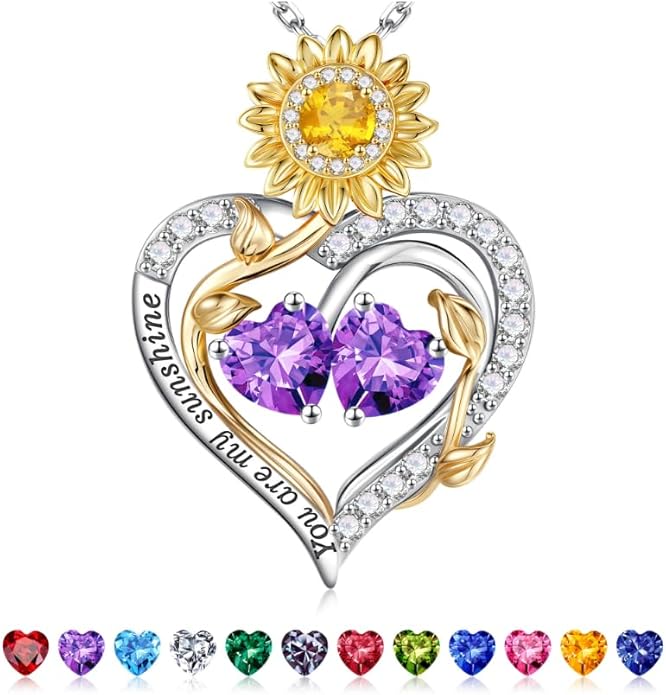 Iefil Valentines Day Gifts for Her - 925 Sterling Silver Sunflower Double Birthstone Necklace for Women, Anniversary Birthday Gifts for Wife, You Are My Sunshine Necklaces, Jewelry for Wife Mom