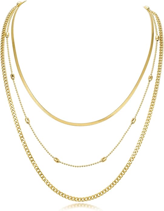 Layered Gold Necklaces for Women Trendy 18K Gold Plated Stainless Steel Waterproof Stackable Triple Chain Necklace Gold Jewelry for Daily Wear