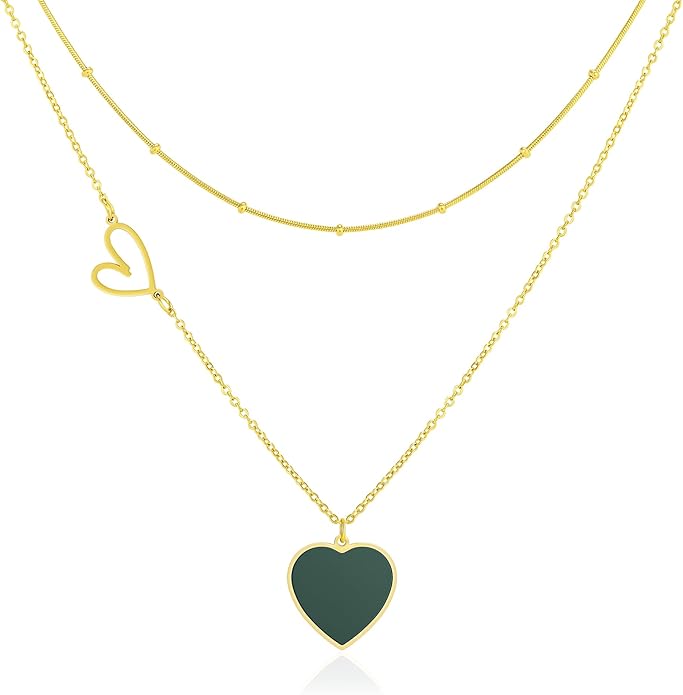 Linawe Layered Choker Heart Pendant Necklace for Women Trendy, Gold/Silver/Rose Gold Chain Stainless Steel Stacked Necklaces, Double Heart Necklace Y2K Preppy Jewelry