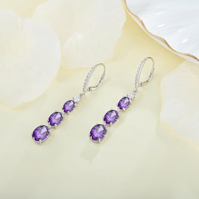 Women 925 Sterling Silver Birthstone 3-stone Leverback Drop Dangle Earrings 5A Cubic Zirconia Jewelry for Her