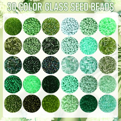 Jexine 2 Sets 30 Colors Glass Seed and Bugle Beads Kit Small Loose Craft Beads for Jewelry Making DIY Crafts Bracelets and Necklaces (Green, Cyan) - color: Green, Cyan
