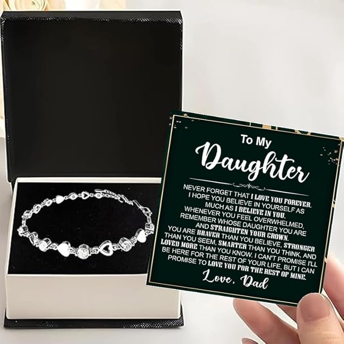 To My Daughter Bracelet, Silver Heart Chain Bracelet with Shiny Stones, Perfect Birthday or Graduation Christmas Gift for Daughter with Message Card Gift Box
