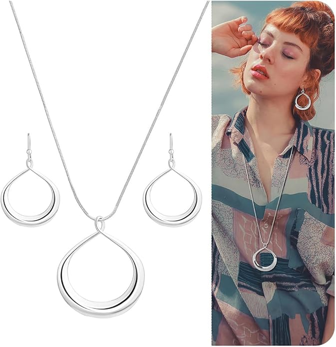 Madison Tyler Gold Plated Jewelry Set for Women | Silver Teardrop Pendant Necklace Trendy | Long Necklace with Snake Chain | Fashion Dangle Earring Set