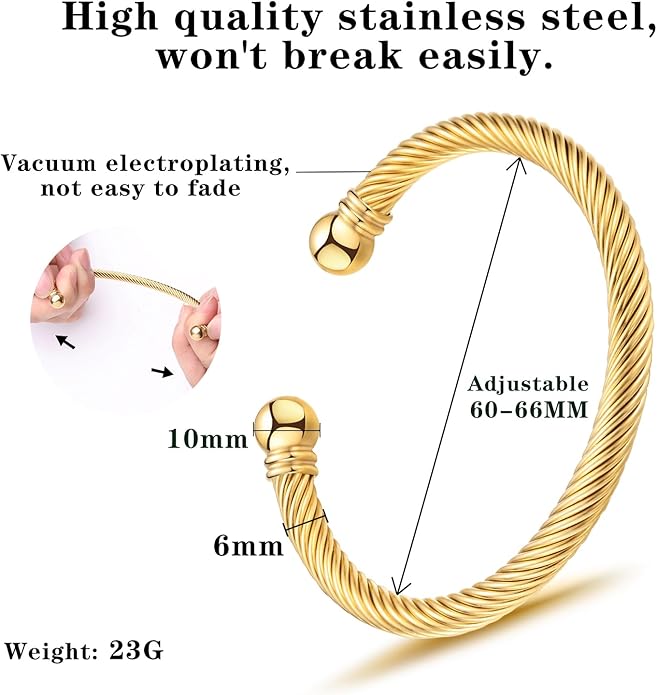 Adjustable C-Shape Open Cuff Bangle, Twisted Cable Bracelet for Men & Women, Chic Stainless Steel Unisex Jewelry Gift for Him Her, Unique Anniversary Present