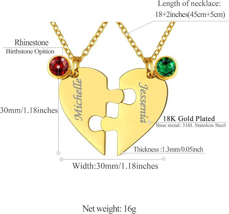 FindChic Personalized Matching BFF Necklace for 2/3/4/5/6 Puzzle Name Heart Pendant Stainless Steel Couple Necklace Set Customized Necklaces for Teen Girls