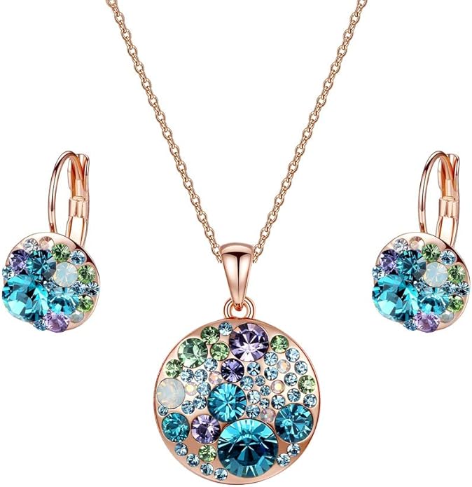 EVEVIC Austrian Crystals Round Disc Pendant Necklace Earrings for Women 14K Gold Plated Hypoallergenic Jewelry Sets