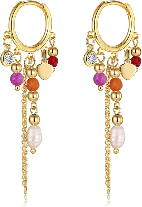 GZQ Bohemian Tassel Hoop Earrings for Women,Colorful Beaded Pearl Dangle Jewelry Fashion Statement Accessory for Gift Daily Wear Party Date, Lightweight 2.75in