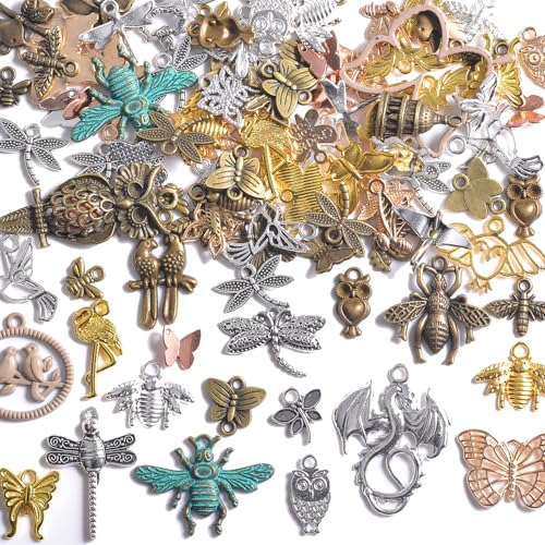 stino 100g Metal Pendant Charms for Jewelry Making, Bulk Silver & Gold Plated Charms for Braclet Necklace Crafts, Animal Plant Flower Pet and so on - color: Insects and Birds Mixed Color