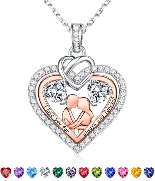 Iefil Valentines Day Gifts for Her - 925 Sterling Silver Double Heart Birthstone Necklace for Women, Anniversary Birthday Gifts for Wife I Love You Gift Couple Sitting Hugging Each Other Jewelry Gift