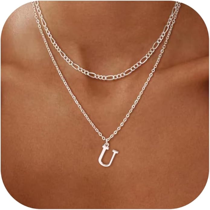 Initial Necklaces for Women Dainty Gold Silver Layered Letter Pendant Necklace Cute Figaro Chain Choker Necklace Personalized Trendy Stuff Jewelry Stack Gift for Women Her