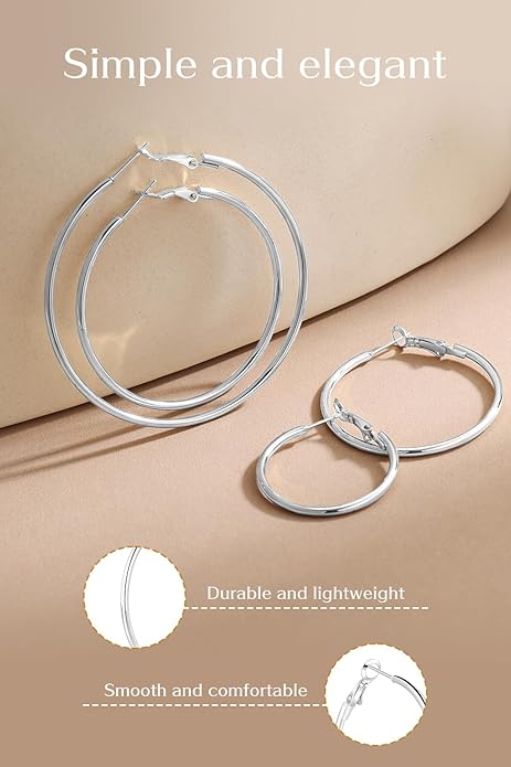 4/6 Pairs Gold Silver Hoop Earrings for Women 14K Gold Plated Hypoallergenic 2mm Thin Hoops Stainless Steel Lightweight Dangle Set 30/40/50/60mm