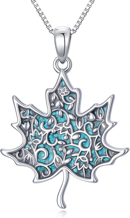 RMREWY Genuine Turquoise Maple Leaf Pendant Necklace,925 Sterling Silver Native American Boho Western Pendant Real Gemstone Jewelry Birthdays Gift for Women Nature Lover