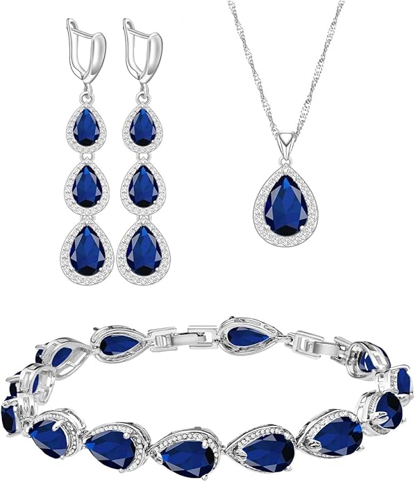 LMXXVJ Necklace Long Earrings Bracelet Set, White Gold Plated Created Blue Sapphire Jewelry Set Wedding Party Gift Jewelry for Women Bridal Bridesmaid