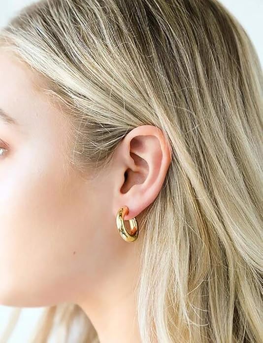 sovesi Chunky Gold Hoop Earrings for Women with 925 Sterling Silver Post, 14K Gold Plated Small Thick Gold Hoops Earrings for Women