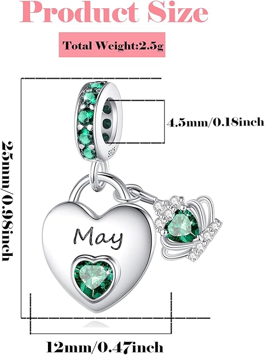 Birthstone Charms for Charms Bracelet: 925 Sterling Silver Heart Dangle Charms for Bracelets and Necklaces, Birthday Mother's Day Christmas Gifts For Women.
