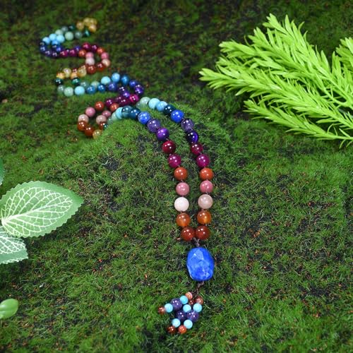 108 Mala Beads Genuine Semi-Precious Gemstone Hand Knotted 8MM Prayer Beads Long Multicolor Necklace 40 Inches - style: chakra