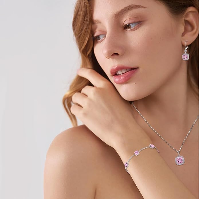 Princess Cut Jewelry Set 925 Sterling Silver Pink Tourmaline Earrings Dangle Drop Leverback October Birthstone Necklace and Bracelet Jewelry Gifts for Women
