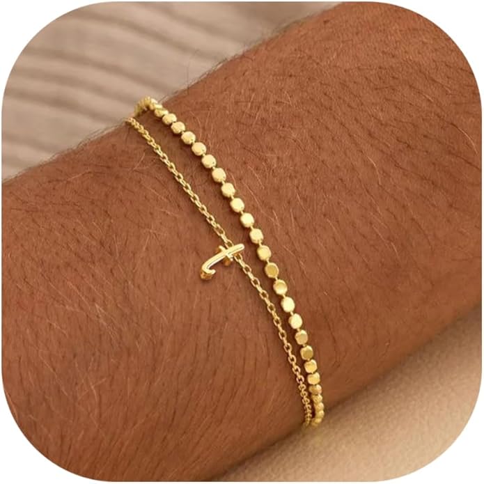 Initial Bracelets for Women, Dainty 14K Gold Plated Layered Letter Bracelet, Trendy Charm Stackable Jewelry Valentines Day Gift for Her