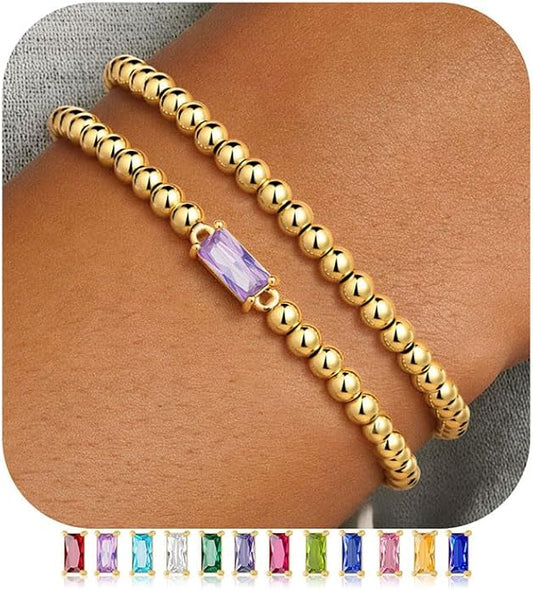 Ursteel Valentines Gifts for Her Kids Girls, Elastic Birthstone Bracelet for Women 14K-Gold-Plated Beaded Bracelet Non Tarnish Trendy Birthstone Jewelry Birthday Gifts for Women