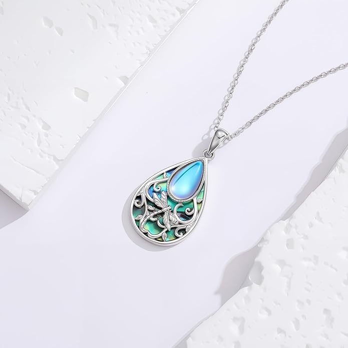 Black Onyx Necklace 925 Sterling Silver Flower Insect Pendant Teardrop Onyx Jewelry Valentines Day Birthday Gifts for Women