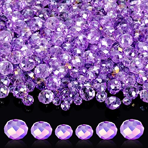 WILLBOND 600 Pcs Crystal Glass Beads for Jewelry Making Bulk Suncatcher Faceted Rondelle Loose Gemstone for Valentine's Day, Irish Holiday, Easter Bracelet DIY Crafts 8mm, 6mm, 4mm(Purple) - color: Purple