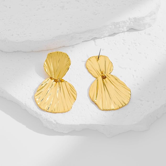Gold Plated Earrings Dangle Chunky Fan-shaped Earrings Shell Earring for Women Two-Tone Fashion Statement Jewelry