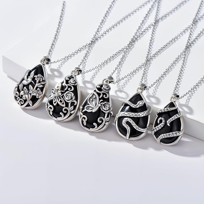 Black Onyx Necklace 925 Sterling Silver Flower Insect Pendant Teardrop Onyx Jewelry Valentines Day Birthday Gifts for Women