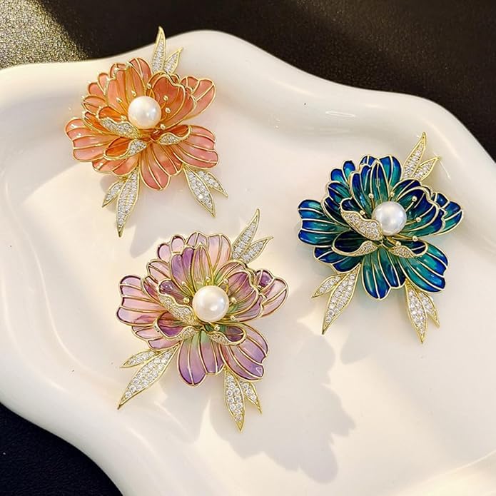 3Pcs Peony Flower Brooch Pin for Women Elegant Enamel Floral Brooch Set Dainty Cubic Zircon Pearl Lapel Pins Flower Pins for Clothes Hat Dress Accessories Prom Jewelry